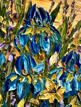 Detail of Irises showing textured impasto oil painting by Nataliia Soloviova.