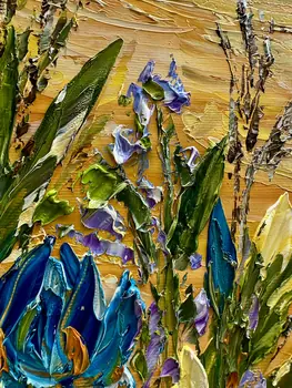 Detail of Irises showing textured impasto oil painting by Nataliia Soloviova.
