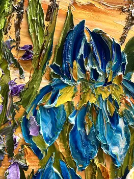 Detail of Irises showing textured impasto oil painting by Nataliia Soloviova.