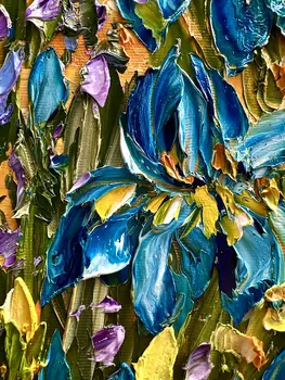 Detail of Irises showing textured impasto oil painting by Nataliia Soloviova.