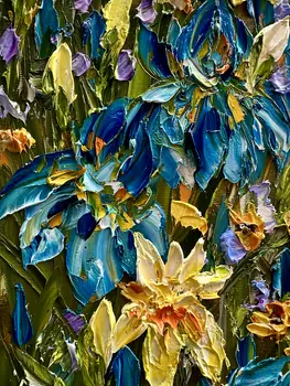 Detail of Irises showing textured impasto oil painting by Nataliia Soloviova.