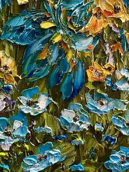 Detail of Irises showing textured impasto oil painting by Nataliia Soloviova.
