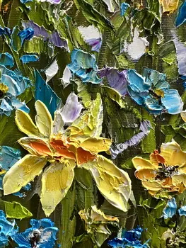 Detail of Irises showing textured impasto oil painting by Nataliia Soloviova.