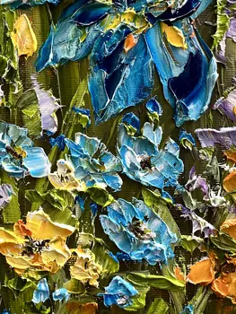 Detail of Irises showing textured impasto oil painting by Nataliia Soloviova.