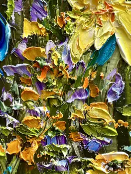 Detail of Irises showing textured impasto oil painting by Nataliia Soloviova.