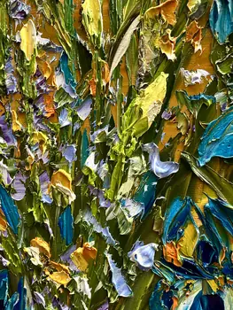 Detail of Irises showing textured impasto oil painting by Nataliia Soloviova.