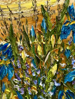 Detail of Irises showing textured impasto oil painting by Nataliia Soloviova.