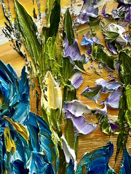 Detail of Irises showing textured impasto oil painting by Nataliia Soloviova.