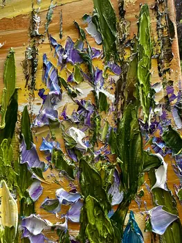 Detail of Irises showing textured impasto oil painting by Nataliia Soloviova.