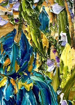 Detail of Irises showing textured impasto oil painting by Nataliia Soloviova.