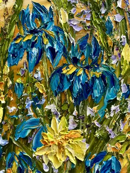 Detail of Irises showing textured impasto oil painting by Nataliia Soloviova.