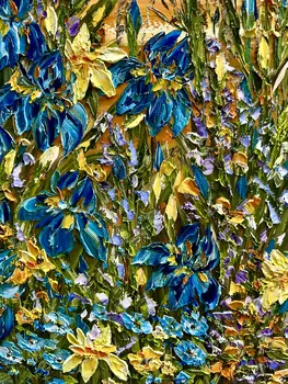 Detail of Irises showing textured impasto oil painting by Nataliia Soloviova.
