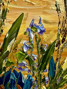 Detail of Irises showing textured impasto oil painting by Nataliia Soloviova.