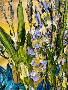 Detail of Irises showing textured impasto oil painting by Nataliia Soloviova.
