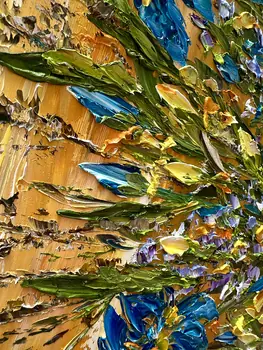 Detail of Irises showing textured impasto oil painting by Nataliia Soloviova.