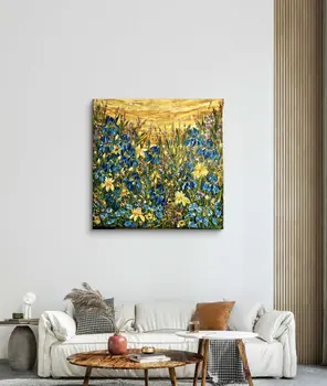 Detail of Irises showing textured impasto oil painting by Nataliia Soloviova.