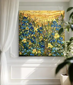 Detail of Irises showing textured impasto oil painting by Nataliia Soloviova.