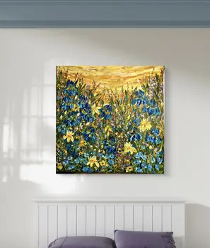 Detail of Irises showing textured impasto oil painting by Nataliia Soloviova.