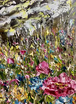 Detail of Pink Dreams showing textured impasto oil painting by Nataliia Soloviova.
