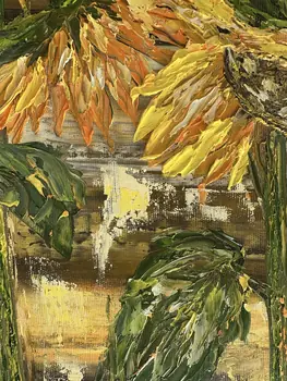 Detail of Sun Flowers showing textured impasto oil painting by Nataliia Soloviova.