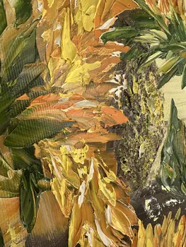 Detail of Sun Flowers showing textured impasto oil painting by Nataliia Soloviova.