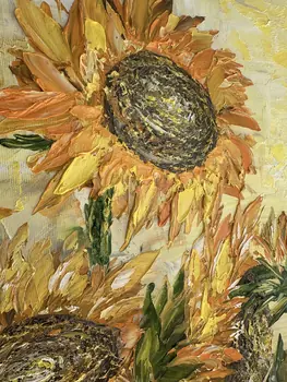 Detail of Sun Flowers showing textured impasto oil painting by Nataliia Soloviova.