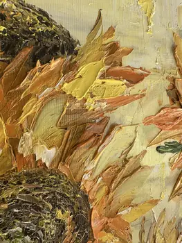 Detail of Sun Flowers showing textured impasto oil painting by Nataliia Soloviova.