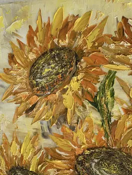 Detail of Sun Flowers showing textured impasto oil painting by Nataliia Soloviova.