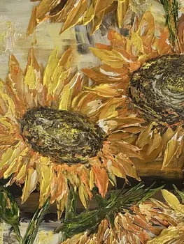 Detail of Sun Flowers showing textured impasto oil painting by Nataliia Soloviova.