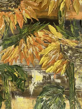 Detail of Sun Flowers showing textured impasto oil painting by Nataliia Soloviova.