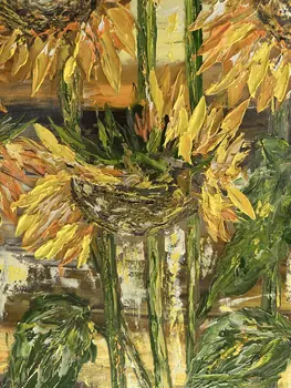 Detail of Sun Flowers showing textured impasto oil painting by Nataliia Soloviova.