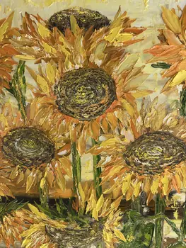 Detail of Sun Flowers showing textured impasto oil painting by Nataliia Soloviova.