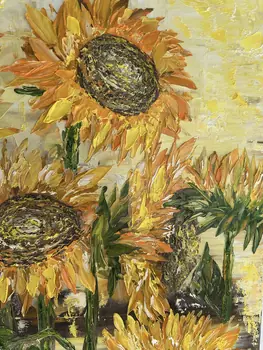 Detail of Sun Flowers showing textured impasto oil painting by Nataliia Soloviova.