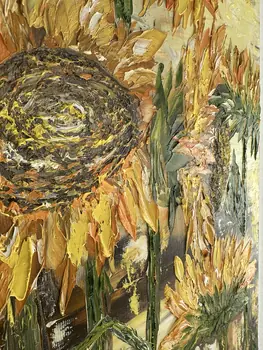 Detail of Sun Flowers showing textured impasto oil painting by Nataliia Soloviova.