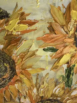 Detail of Sun Flowers showing textured impasto oil painting by Nataliia Soloviova.