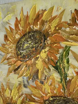 Detail of Sun Flowers showing textured impasto oil painting by Nataliia Soloviova.