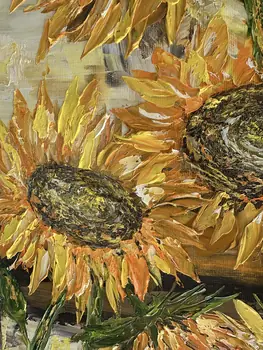 Detail of Sun Flowers showing textured impasto oil painting by Nataliia Soloviova.