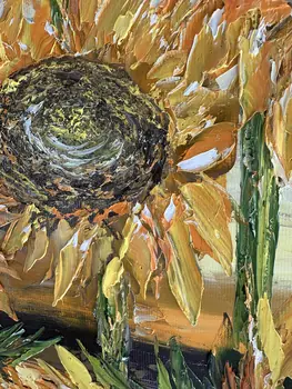 Detail of Sun Flowers showing textured impasto oil painting by Nataliia Soloviova.