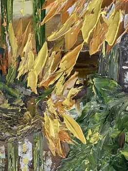 Detail of Sun Flowers showing textured impasto oil painting by Nataliia Soloviova.
