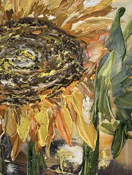 Detail of Sun Flowers showing textured impasto oil painting by Nataliia Soloviova.