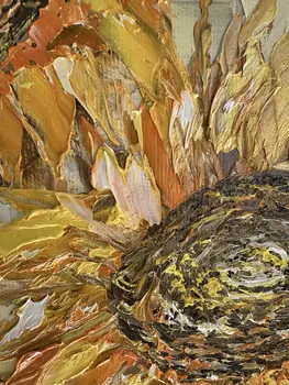 Detail of Sun Flowers showing textured impasto oil painting by Nataliia Soloviova.