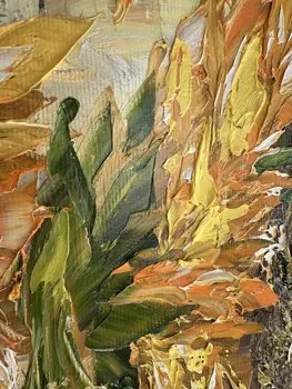 Detail of Sun Flowers showing textured impasto oil painting by Nataliia Soloviova.