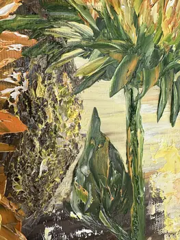 Detail of Sun Flowers showing textured impasto oil painting by Nataliia Soloviova.
