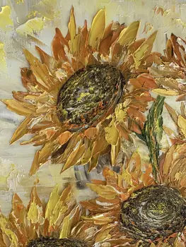 Detail of Sun Flowers showing textured impasto oil painting by Nataliia Soloviova.