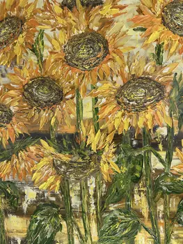Detail of Sun Flowers showing textured impasto oil painting by Nataliia Soloviova.