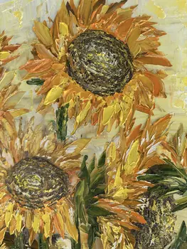 Detail of Sun Flowers showing textured impasto oil painting by Nataliia Soloviova.