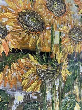 Detail of Sun Flowers showing textured impasto oil painting by Nataliia Soloviova.