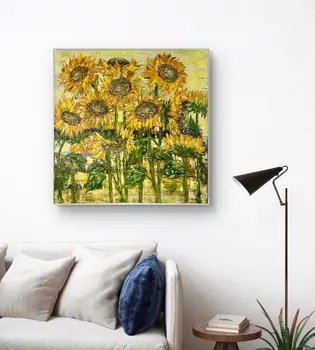Detail of Sun Flowers showing textured impasto oil painting by Nataliia Soloviova.