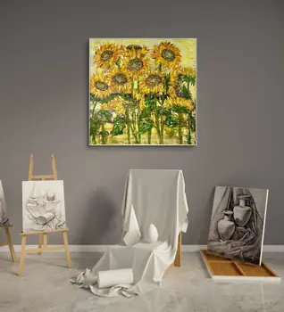 Detail of Sun Flowers showing textured impasto oil painting by Nataliia Soloviova.