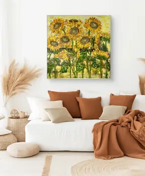 Detail of Sun Flowers showing textured impasto oil painting by Nataliia Soloviova.